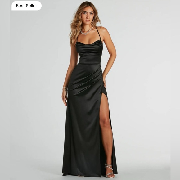 Formal Satin Lace-Up Mermaid Dress, Black - Picture 1 of 6